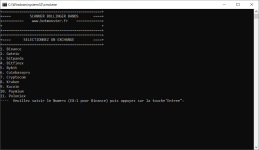 Scanner crypto multi-exchange Bandes de Bollinger